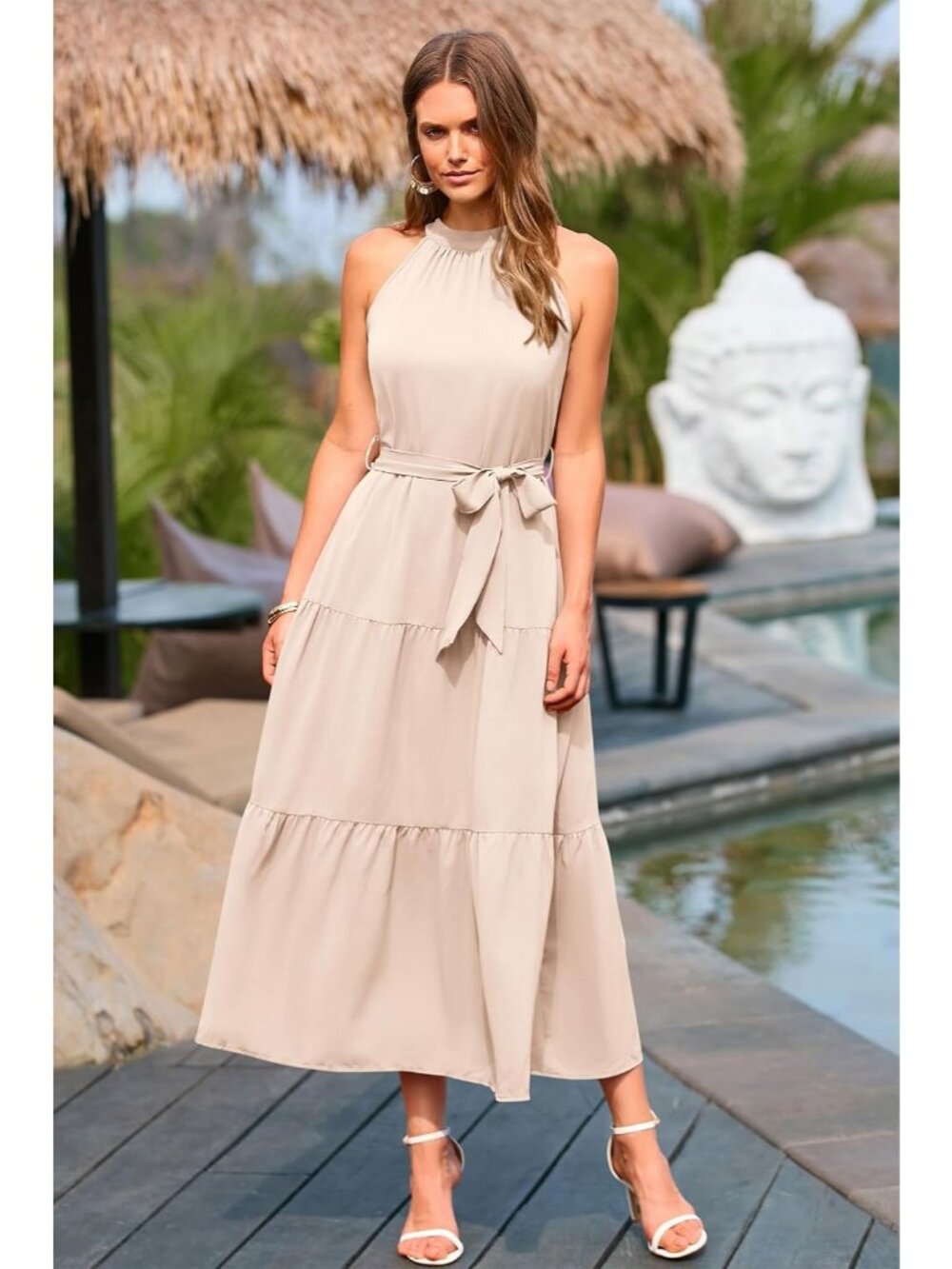 Women's Solid Beige Sleeveless Halter Neck High Waist Backless Maxi Dress - Picture 6 of 6